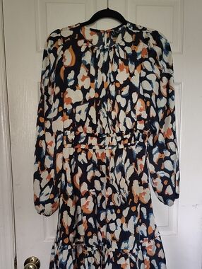 Vero Moda Navy Abstract Print Long Sleeve Midi Dress with Cream & Rust Accents